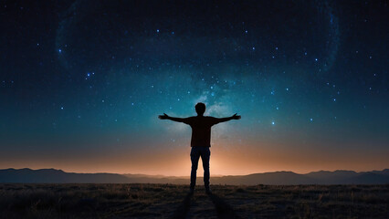 silhouette of a person against the background of the night starry sky - obrazy, fototapety, plakaty