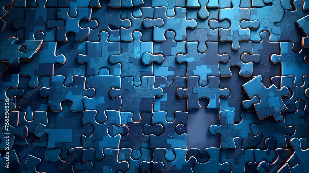 Poster A futuristic puzzle background using silhouettes of the pieces combined into a pattern. Modern illustration on a blue background.