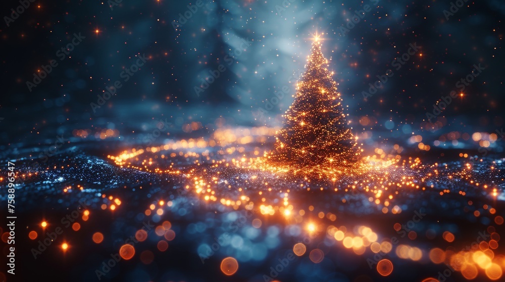 Fototapete Digital Christmas tree in a futuristic style. Abstract card for Happy New Year greetings. Tree with light effect for cyber technology theme