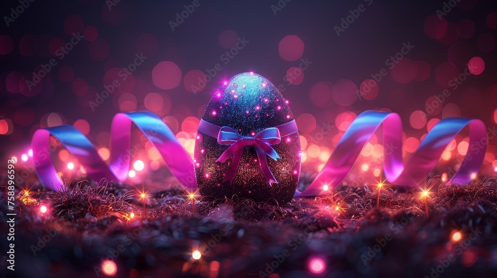 Aufkleber A modern illustration of an Easter banner with a neon ribbon on an egg. Easter background in a technology and night theme.