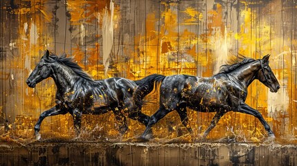 The abstract background has golden brushstrokes on the background, and the texture is textured. The background is oil on canvas. Modern Art. Horses, green, gray, wallpapers, posters, cards, murals,