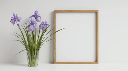 Standing empty wooden frame with purple flowers in a clear glass vase on a white wall. mockup