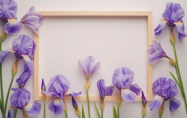invitation framed in wooden picture frame texture with purple floral on a white background. Mockup