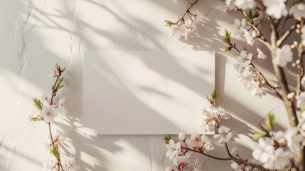 Rectangular blank white invitation card nestled among lovely soft white cherry blossoms on a white concrete wall. Mockup 3D greeting card