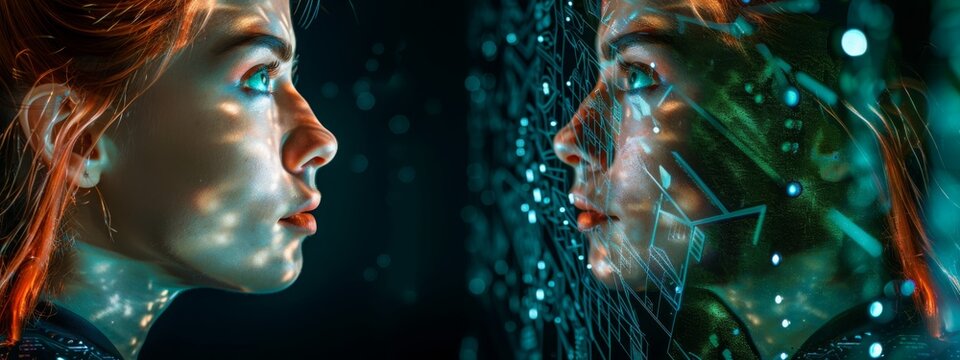 Person looking at digital version of self. Man examines her virtual deep fake counterpart. Concept of cyber security and intersection of identity and technology. 