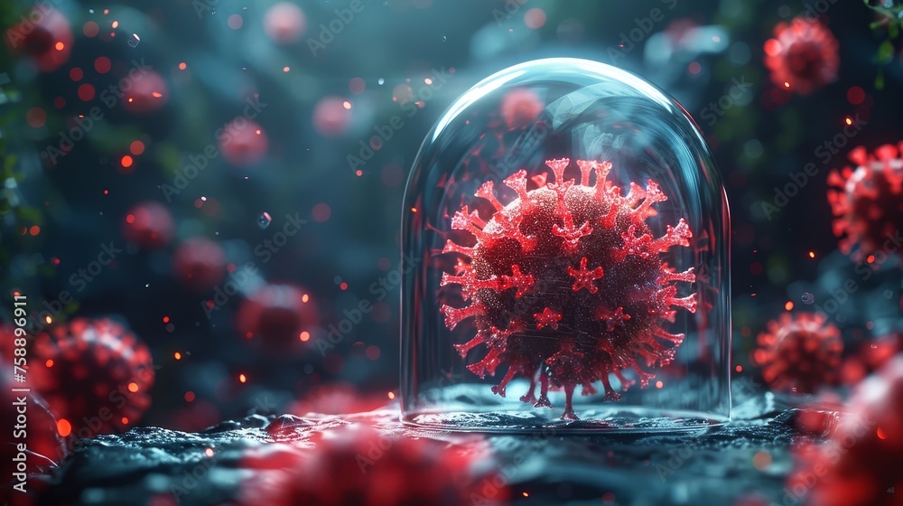 Aufkleber a red virus outside of a transparent glass dome. immune system and virus protection concept. low pol
