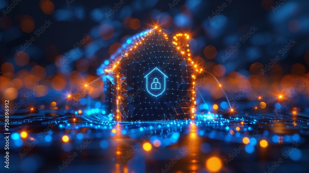 Aufkleber a blue futuristic guard shield surrounds an abstract house icon. the abstraction is set on a blue ge