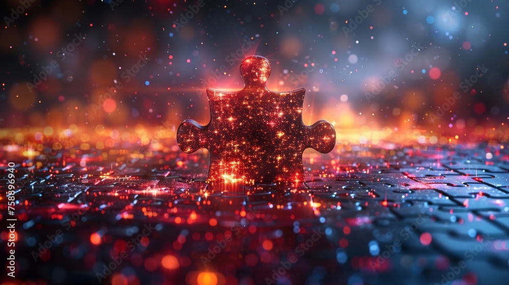 Poster in a digital futuristic style, the puzzle consists of a problem-solving strategy or concept, a puzzl