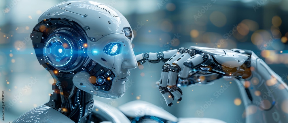 Leinwandbilder The hand of a robot touches a modern interface and an AI word (artificial intelligence). Technology and innovation are linked together in new eras of innovation.