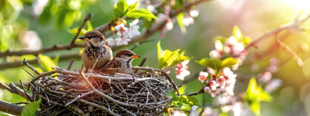Cozy heart shaped nest with two sparrow birds. Modern private country house in spring cherry blossom garden background. Real estate, moving home or renting property concept. Panorama with copy space.
