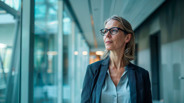 una mujer ejecutiva con gafas, en un edificio laboral frente a un ventanal de cristal