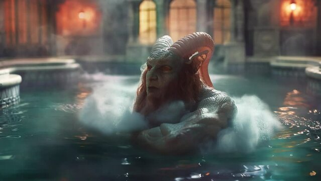 A relaxed demon on a cloud swims in a pool in the infernal realm