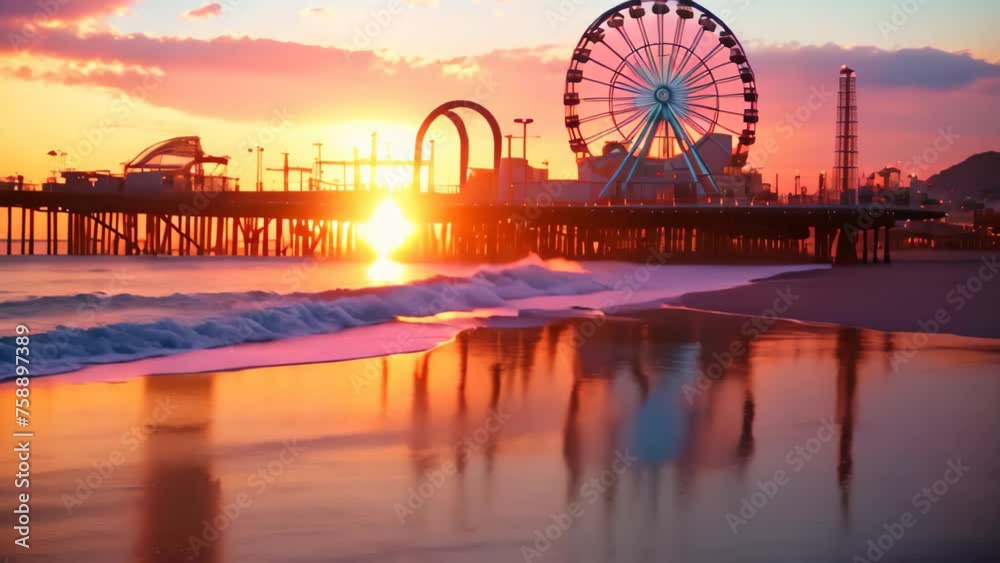 Poster Sunset view of pier and ferris wheel in San Diego, California, Santa Monica pier at sunset, AI Generated