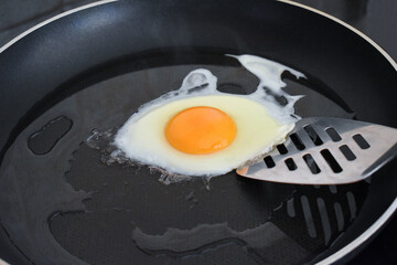 Fried egg in a pan. Cooking food concept.