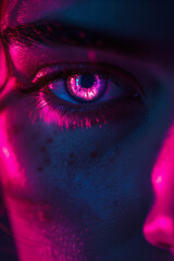YA fantasy mysterious glowing pink eye. Dark skin background contrasting with the bright glowing eye close-up. Gothic fantasy glowing eye. Mystery concept. Macro photography of a woman eye.