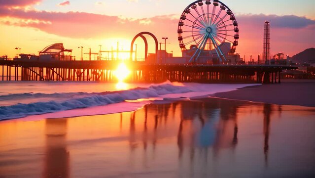Sunset view of pier and ferris wheel in San Diego, California, Santa Monica pier at sunset, AI Generated