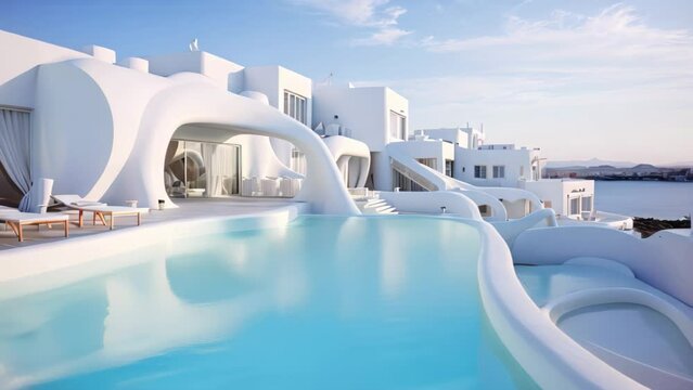 Luxury white villas on Santorini island, Greece, Two Deck Chair on Terrace with Pool and Stunning Sea View, AI Generated