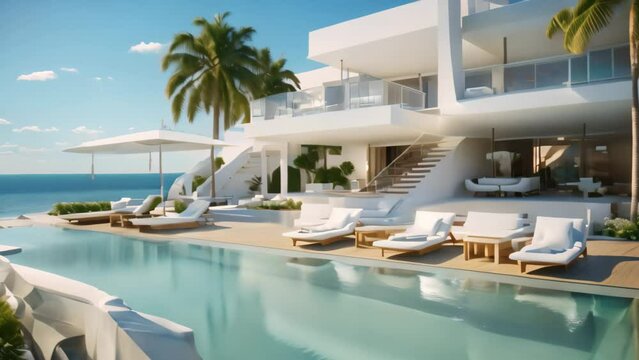 3d rendering of modern white villa with swimming pool and sea view, Two Deck Chair on Terrace with Pool and Stunning Sea View, AI Generated
