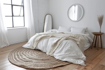 Fototapeta na wymiar Stylish bedroom interior with white walls and wooden floor, with the bed in the style of scandinavian design. Minimalist home decor concept