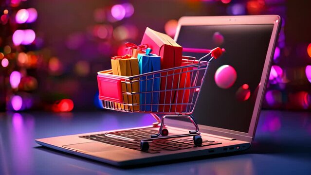 Shopping cart with gift boxes on laptop screen. 3d illustration, Shopping cart and shopping bags on laptop. Online shopping concept, AI Generated