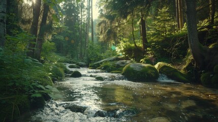 Fast flowing mountain stream in pine forest. Green vegetation along water floss. Picturesque nature landscape. Wet gray boulders. Close-up. Calm relaxing and pleasant walk in coniferous woodland.  - obrazy, fototapety, plakaty