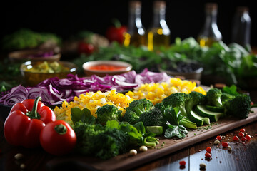 Close-up of vegetables for making vegetarian salad on the kitchen table