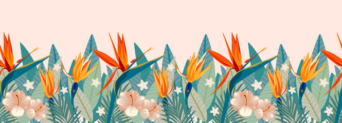Tropical flower seamless border pattern with pastel color hibiscus, orange and yellow strelitzia, frangipani and green fern leaf horizontal background, hand drawing illustration - obrazy, fototapety, plakaty
