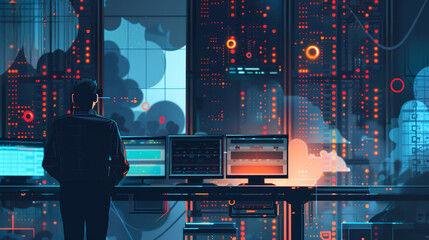 A cybersecurity system administrator oversees cloud server operations from the data center, ensuring their smooth functioning. - obrazy, fototapety, plakaty