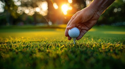 A golfer's hand placing a golf ball on a tee on a sunny, lush green course. Preparation for the start of the game. Panorama with copy space.
