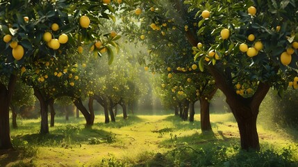 Serene Orchard, sunlight, filtering through, lemon tree canopy, citrus grove