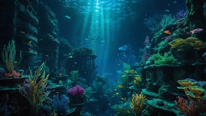 coral reef and diver - obrazy, fototapety, plakaty
