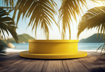 leaves box 3d rendering palm podium theme background yellow summer poduim presentation nature square decoration sunglasses sand light swim surfboard sun sea ball decor umbrella sunlight beach space