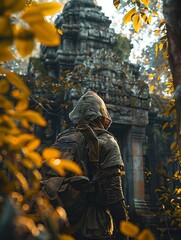 Fototapeta na wymiar Ancient explorer, explorer outfit, on a quest to uncover hidden relics beneath the ruins of an ancient temple, surrounded by overgrown foliage Realistic, Golden hour, Depth of field bokeh effect