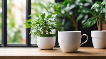 Mug mockup with green plant in pot on wooden table. front view. Blank coffee cup mug mockup template