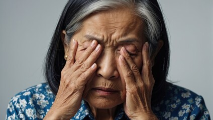 Portrait of an elderly asian woman suffering from a headache - obrazy, fototapety, plakaty