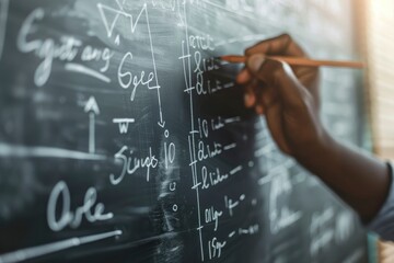 The hand of a teacher writing equations on a blackboard in a classroom. - obrazy, fototapety, plakaty