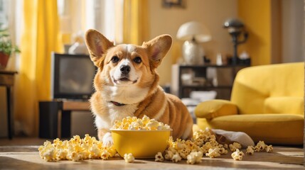 Corgi dog with popcorn preparing to watch TV - Powered by Adobe