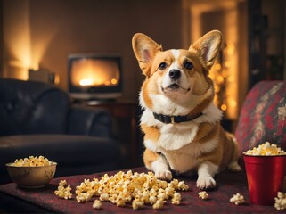 Cute dog sitting at table with computer and eating popcorn, A cute dog watches a movie on a laptop screen, creating an adorable scene