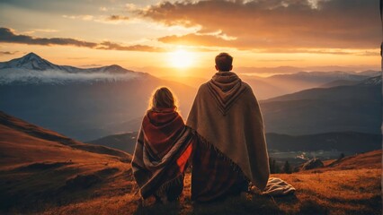 Couple Wrapped in a Blanket Enjo... Back View of a Couple Wrapped in a Blanket Enjoying a Majestic Mountain Sunset, Serene Relationship Goals Concept