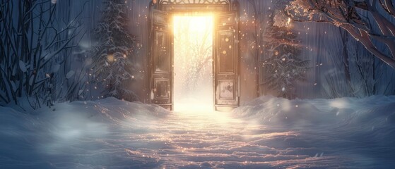 Ethereal Snow Scene Soft Light Filters Through Antique Shabby Chic Doors at the End of a Pathway