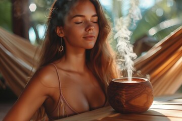 An essential oil diffuser with steam on a wooden table in the yoga center, girl with closed eyes inhales the aroma. Concept aromatherapy and relaxing. Air freshener. Mental health. Atmosphere of calm - obrazy, fototapety, plakaty