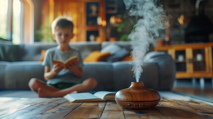 An essential oil diffuser on the wooden table, behind a child is sitting with a book. Concept aromatherapy and relaxing. Air freshener