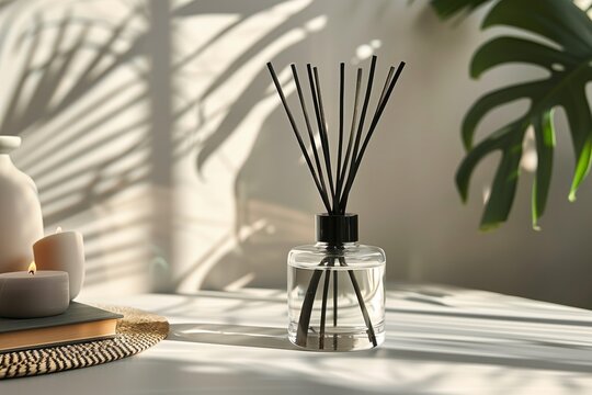 mockup aroma diffuser bottle made of glass with black rattan sticks on white table with sunlight, copy space for text. Concept aromatherapy and relaxing. Air freshener. 
