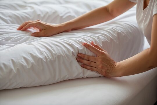 Woman's hands putting white fitted sheet on mattress in close up detail for bedding decor
