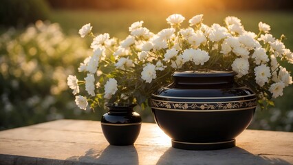 Elegant black urn containing ashes with white flowers, a solemn memento of a life remembered.  - obrazy, fototapety, plakaty