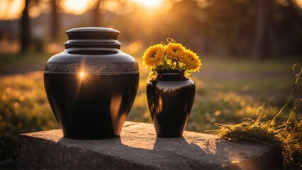 Elegant black urn containing ashes, a solemn memento of a life remembered.  - obrazy, fototapety, plakaty