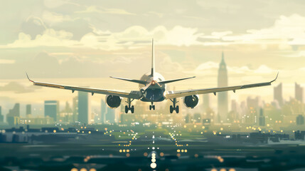 a large jetliner taking off from an airport runway against the backdrop of a stunning and blurred...