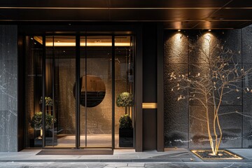Glass front door that lets in a lot of light with side lighting and a dark wall section in a modern style