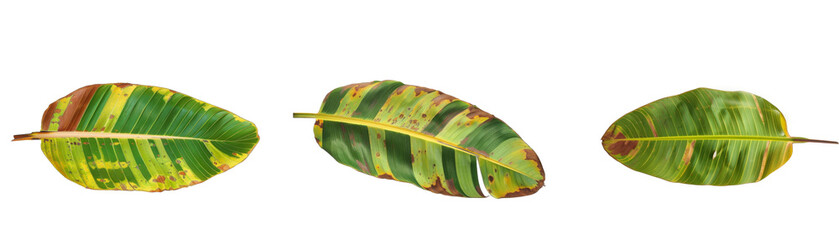 Banana leaf with green and brown color, spotted banana leaf on white background 
