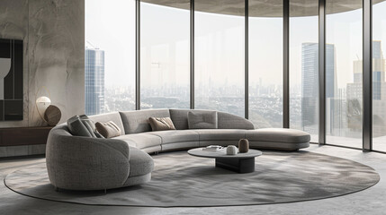 Minimalist modern living room featuring a curved gray sofa and armchair by a floor-to-ceiling window